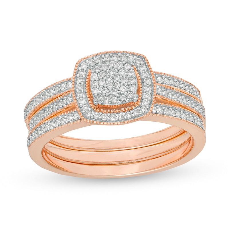 Main Image 1 of Previously Owned - 1/3 CT. T.W. Composite Diamond Square Frame Three Piece Bridal Set in 10K Rose Gold