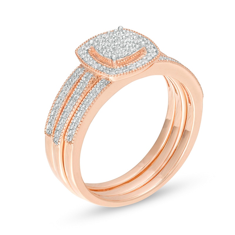 Main Image 3 of Previously Owned - 1/3 CT. T.W. Composite Diamond Square Frame Three Piece Bridal Set in 10K Rose Gold