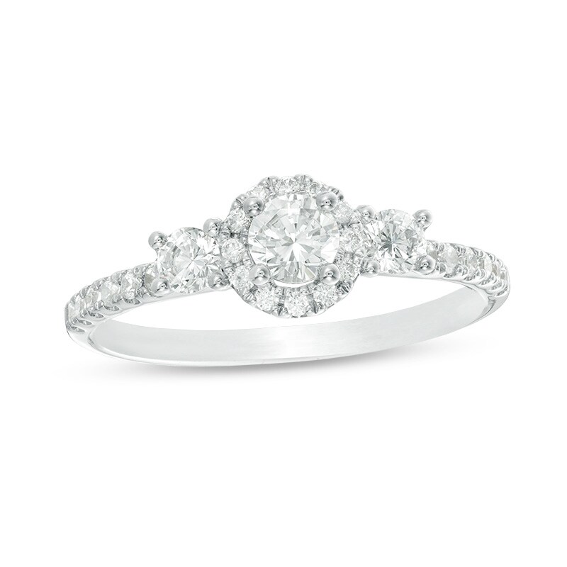 Main Image 1 of Previously Owned - 3/4 CT. T.W. Diamond Past Present Future® Frame Engagement Ring in 14K White Gold