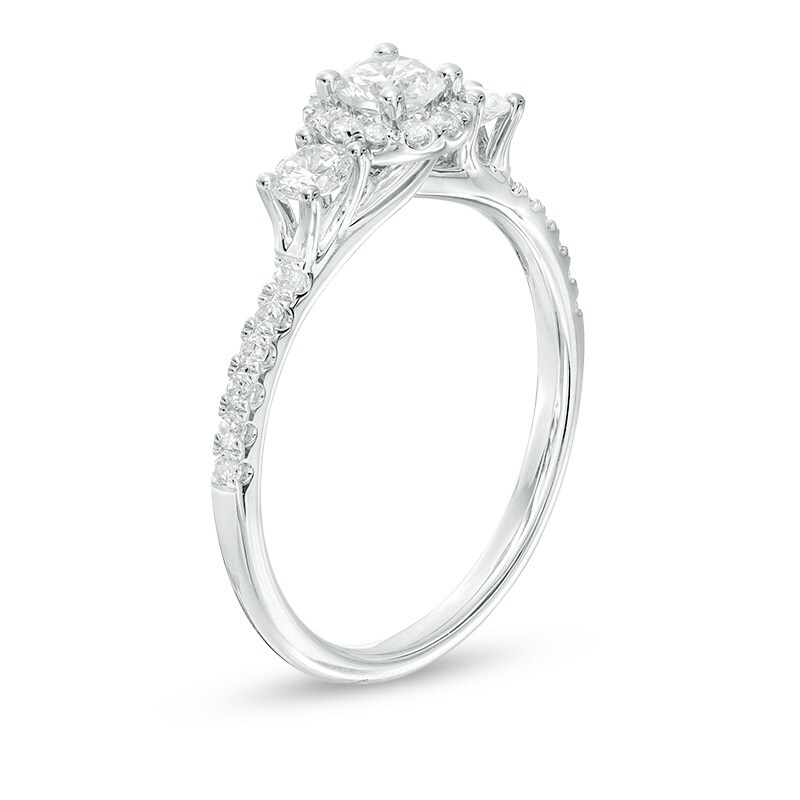 Main Image 2 of Previously Owned - 3/4 CT. T.W. Diamond Past Present Future® Frame Engagement Ring in 14K White Gold