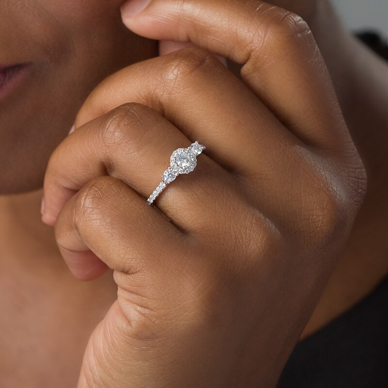 Main Image 3 of Previously Owned - 3/4 CT. T.W. Diamond Past Present Future® Frame Engagement Ring in 14K White Gold