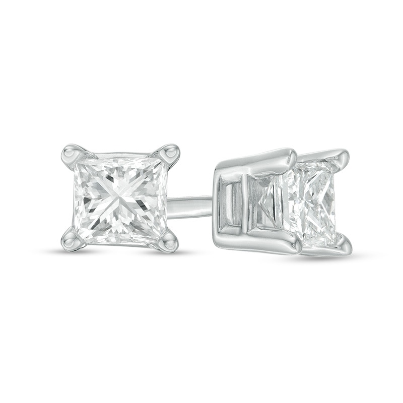 Main Image 1 of Previously Owned 1 CT. T.W. Princess-Cut Diamond Solitaire Stud Earrings in 14K White Gold (I/I1)