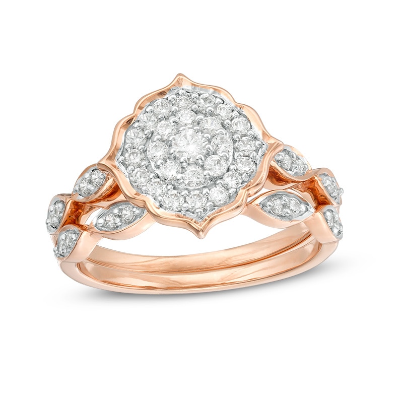 Main Image 1 of Previously Owned - 1/2 CT. T.W. Diamond Double Frame Flower Art Deco Bridal Set in 10K Rose Gold