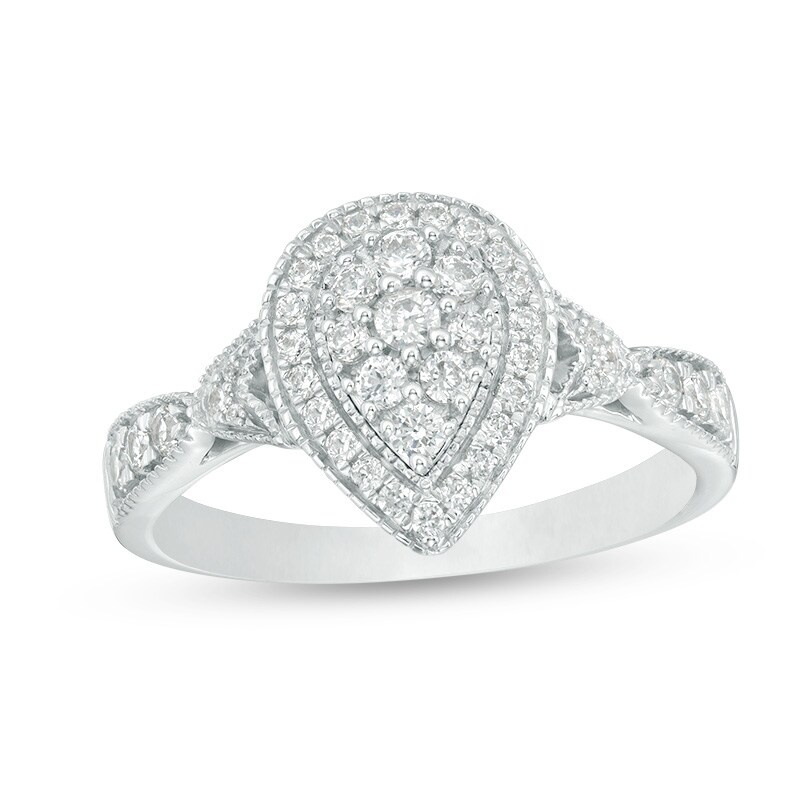 Main Image 1 of Previously Owned - 1/2 CT. T.W. Diamond Double Pear-Shaped Frame Vintage-Style Engagement Ring in 10K White Gold