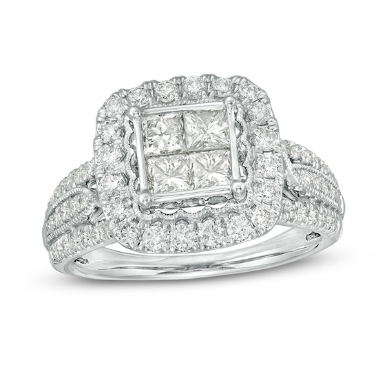 Previously Owned - 1-1/2 CT. T.w. Quad Princess-Cut Diamond Frame Vintage-Style Engagement Ring in 14K White Gold