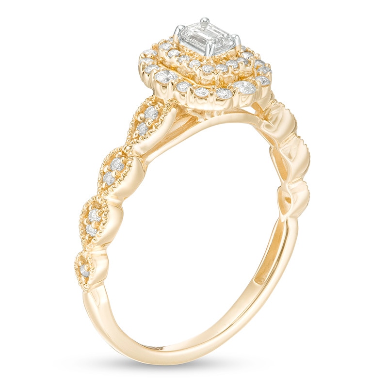 Main Image 3 of Previously Owned - 3/8 CT. T.W. Emerald-Cut Diamond Double Frame Art Deco Vintage-Style Engagement Ring in 10K Gold