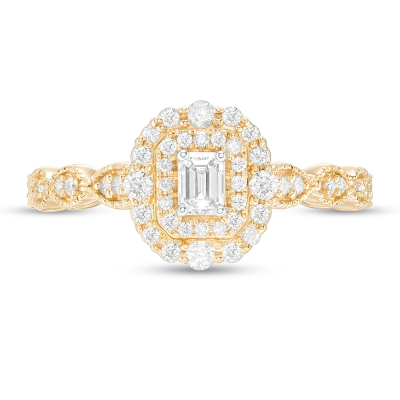 Main Image 4 of Previously Owned - 3/8 CT. T.W. Emerald-Cut Diamond Double Frame Art Deco Vintage-Style Engagement Ring in 10K Gold