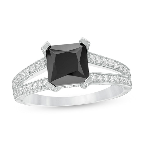 Previously Owned - 7.2mm Princess-Cut Lab-Created Sapphire and 1/4 CT. T.w. Diamond Split Shank Ring in 10K White Gold