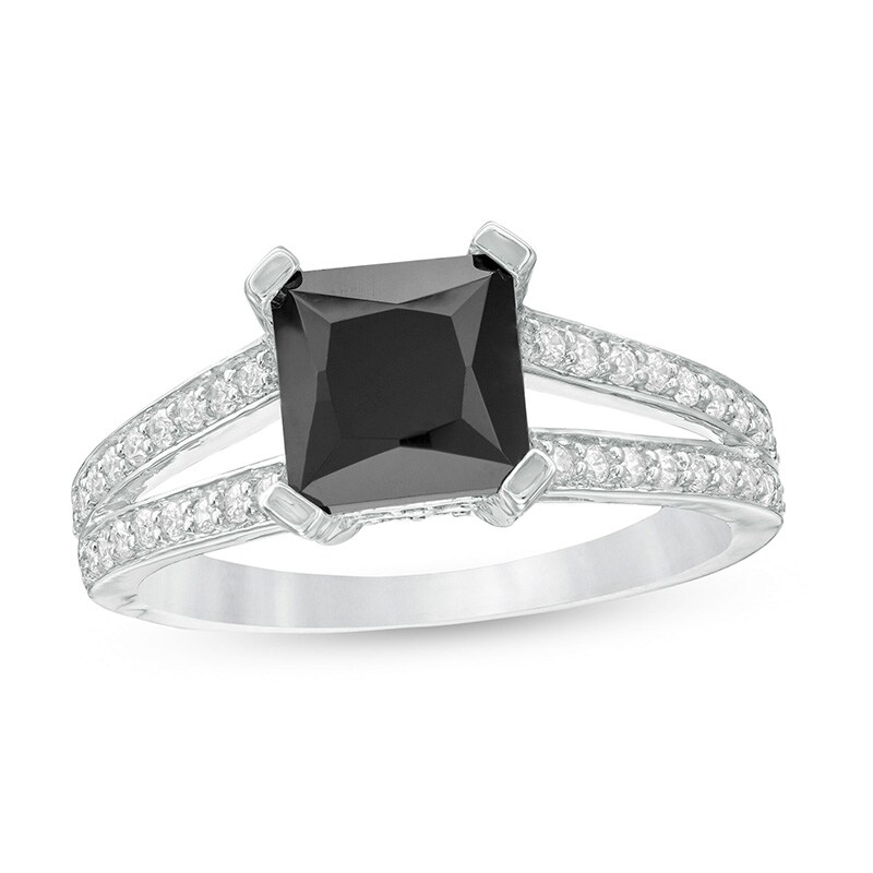 Main Image 1 of Previously Owned - 7.2mm Princess-Cut Lab-Created Sapphire and 1/4 CT. T.W. Diamond Split Shank Ring in 10K White Gold