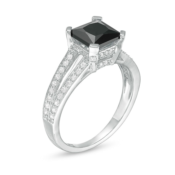 Previously Owned - 7.2mm Princess-Cut Lab-Created Sapphire and 1/4 CT. T.w. Diamond Split Shank Ring in 10K White Gold
