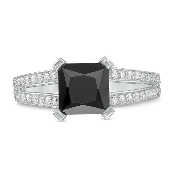 Previously Owned - 7.2mm Princess-Cut Lab-Created Sapphire and 1/4 CT. T.w. Diamond Split Shank Ring in 10K White Gold