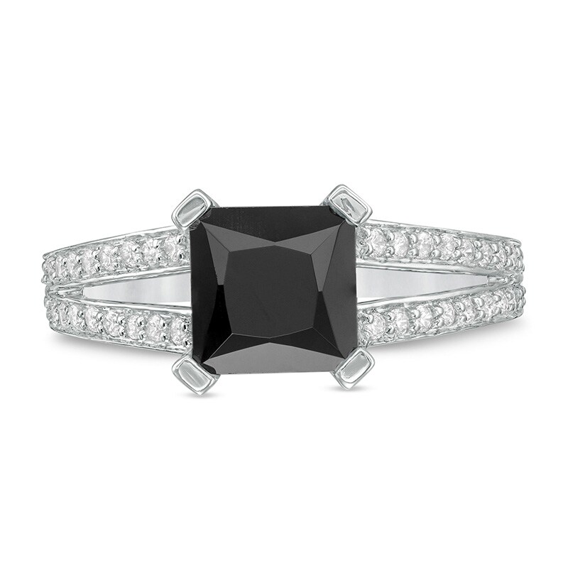 Main Image 4 of Previously Owned - 7.2mm Princess-Cut Lab-Created Sapphire and 1/4 CT. T.W. Diamond Split Shank Ring in 10K White Gold