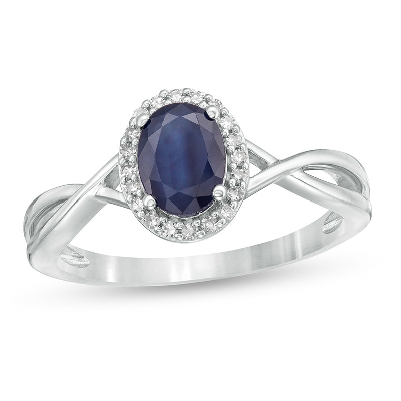 Main Image 1 of Previously Owned - Oval Blue Sapphire and 1/15 CT. T.W. Diamond Frame Twist Shank Ring in 10K White Gold