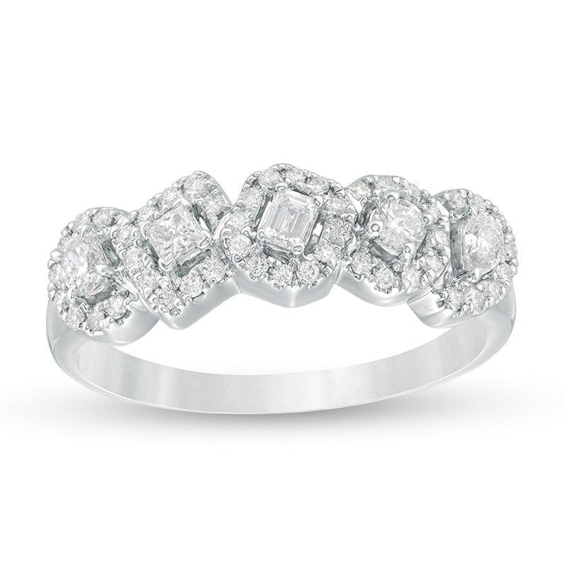 Main Image 1 of Previously Owned - Everything You Are™ 1/2 CT. T.W. Multi-Shape Diamond Frame Five Stone Ring in 10K White Gold