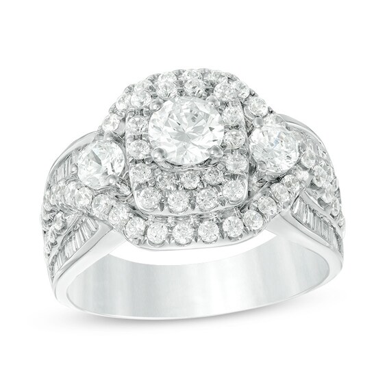 Previously Owned - 2 CT. T.w. Diamond Past Preset Future® Cushion Frame Twist Engagement Ring in 14K White Gold