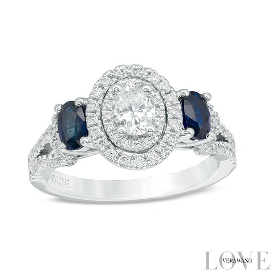 Previously Owned - Vera Wang Love Collection 3/4 CT. T.w. Diamond and Blue Sapphire Three Stone Ring in 14K White Gold
