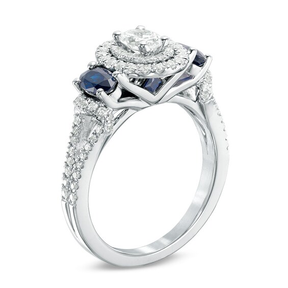 Previously Owned - Vera Wang Love Collection 3/4 CT. T.w. Diamond and Blue Sapphire Three Stone Ring in 14K White Gold