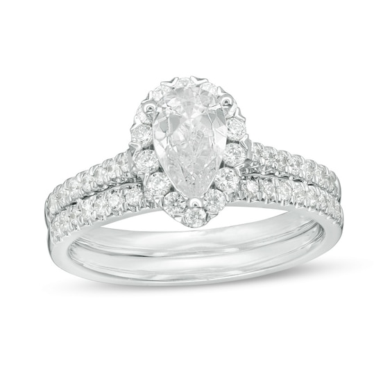 Previously Owned - 1-1/5 CT. T.w. Pear-Shaped Diamond Frame Bridal Set in 14K White Gold (I/Si2)