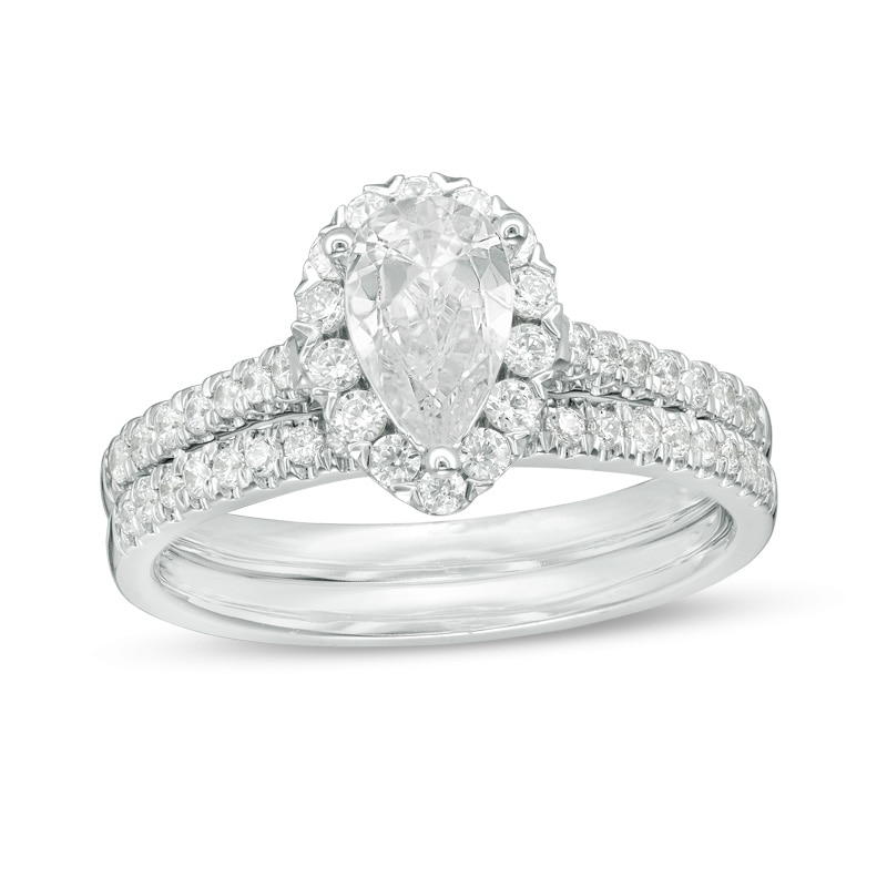 Main Image 1 of Previously Owned - 1-1/5 CT. T.W. Pear-Shaped Diamond Frame Bridal Set in 14K White Gold (I/SI2)