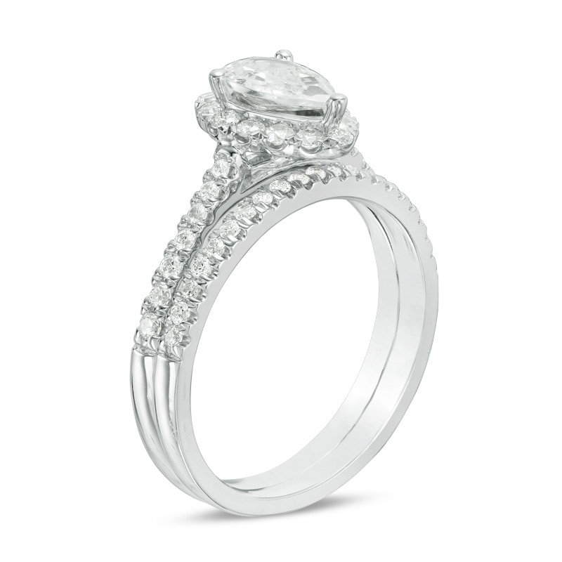 Main Image 2 of Previously Owned - 1-1/5 CT. T.W. Pear-Shaped Diamond Frame Bridal Set in 14K White Gold (I/SI2)