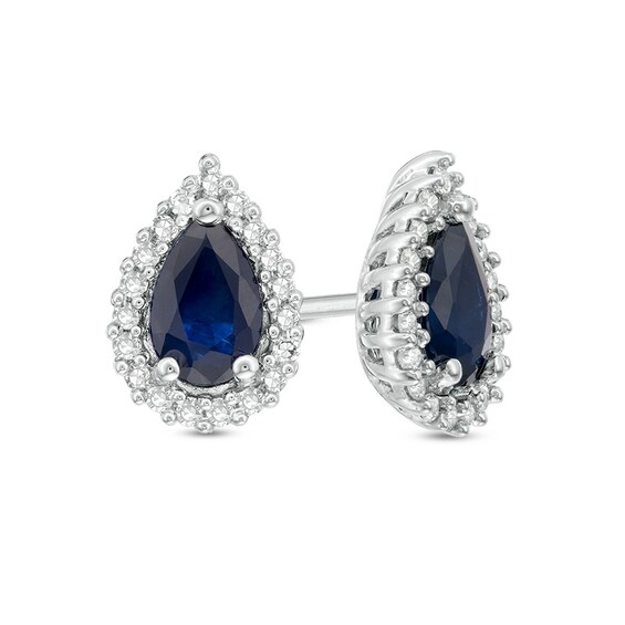 Previously Owned - Pear-Shaped Blue Sapphire and 1/8 CT. T.w. Diamond Frame Stud Earrings in 10K White Gold