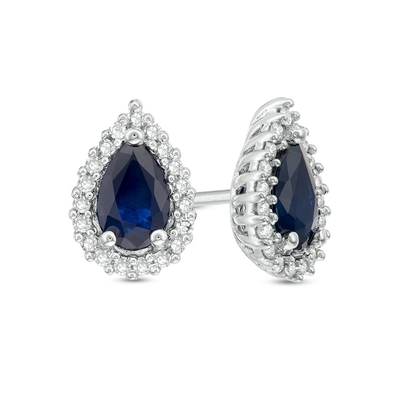Main Image 1 of Previously Owned - Pear-Shaped Blue Sapphire and 1/8 CT. T.W. Diamond Frame Stud Earrings in 10K White Gold