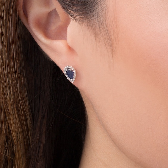 Previously Owned - Pear-Shaped Blue Sapphire and 1/8 CT. T.w. Diamond Frame Stud Earrings in 10K White Gold