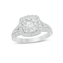 Previously Owned - 1 CT. T.W. Diamond Double Cushion Frame Vintage-Style Engagement Ring in 14K White Gold