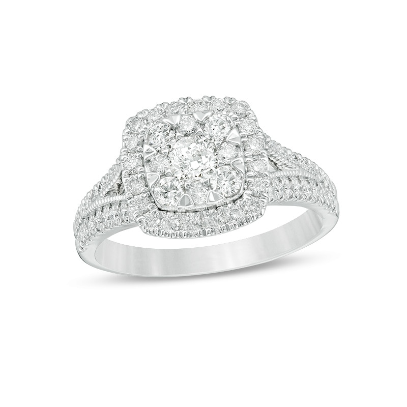 Main Image 1 of Previously Owned - 1 CT. T.W. Diamond Double Cushion Frame Vintage-Style Engagement Ring in 14K White Gold