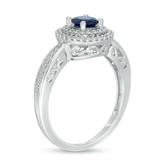Previously Owned - 5.0mm Blue Sapphire and 1/5 CT. T.w. Diamond Double Frame Ring in 10K White Gold