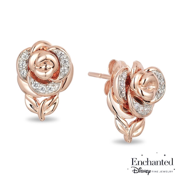 Previously Owned - Enchanted Disney Belle 0.084 CT. T.w. Diamond Rose Stud Earrings in 10K Rose Gold