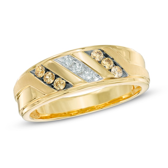 Previously Owned - 1/3 CT. T.w. Champagne and White Diamond Slant Ring in 10K Gold