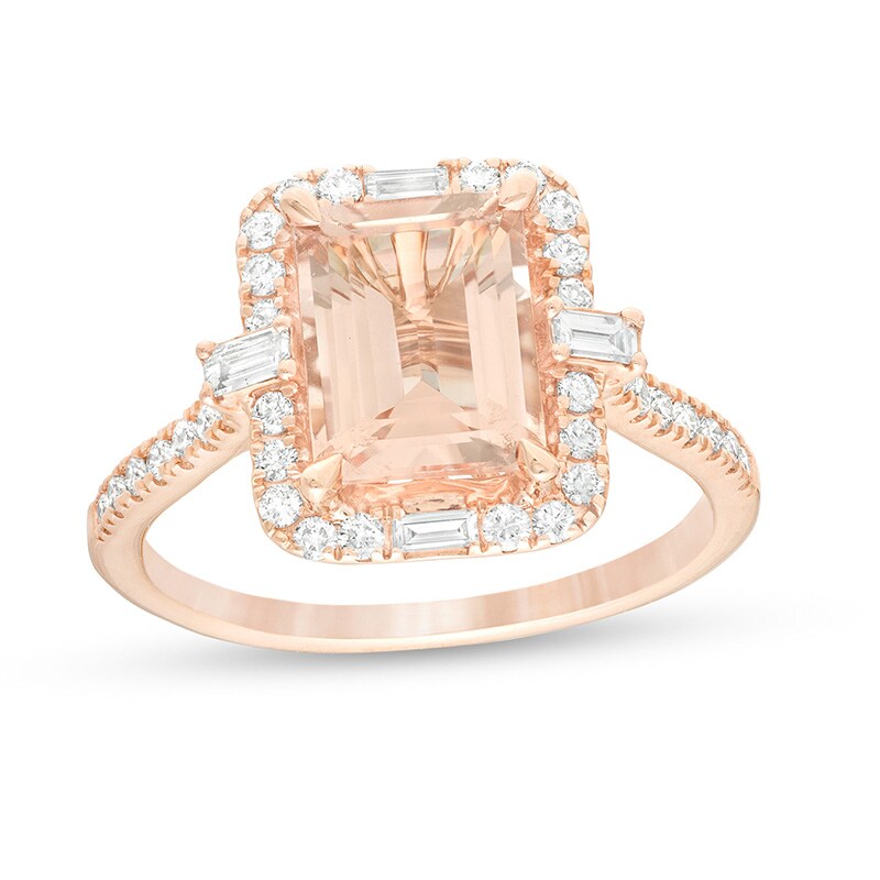 Main Image 1 of Previously Owned - Emerald-Cut Morganite and 1/2 CT. T.W. Diamond Frame Engagement Ring in 14K Rose Gold