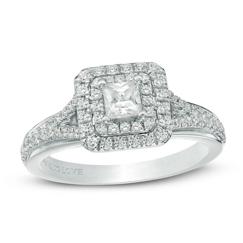Main Image 1 of Previously Owned - Vera Wang Love Collection 5/8 CT. T.W. Diamond Double Frame Engagement Ring in 14K White Gold