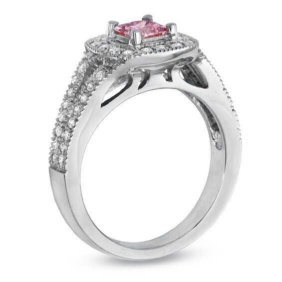 Previously Owned - 1 CT. T.w. Princess-Cut Pink and White Diamond Frame Split Shank Engagement Ring in 14K White Gold
