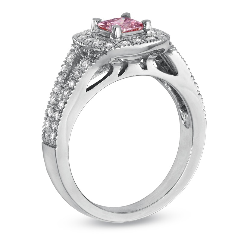 Main Image 2 of Previously Owned - 1 CT. T.W. Princess-Cut Pink and White Diamond Frame Split Shank Engagement Ring in 14K White Gold