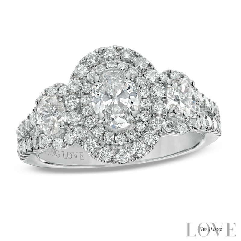 Main Image 1 of Previously Owned - Vera Wang Love Collection 1-1/2 CT. T.W. Oval Diamond Three Stone Engagement Ring in 14K White Gold