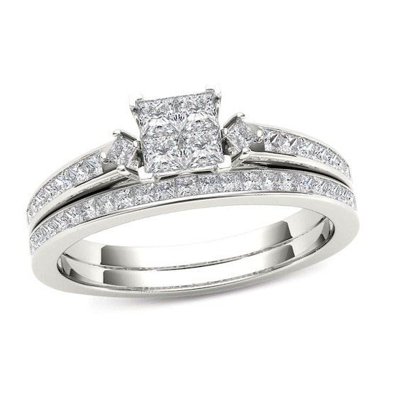 Previously Owned - 1 CT. T.w. Quad Princess-Cut Diamond Bridal Set in 14K White Gold