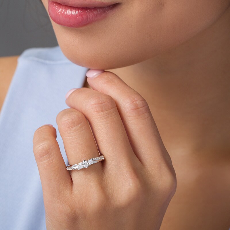 Main Image 2 of Previously Owned - 1/2 CT. T.W. Princess-Cut Diamond Three Stone Twist Shank Ring in 14K White Gold
