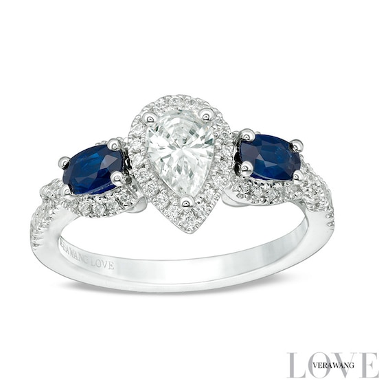 Previously Owned - Vera Wang Love Collection 3/4 CT. T.w. Diamond and Sapphire Three Stone Ring in 14K White Gold