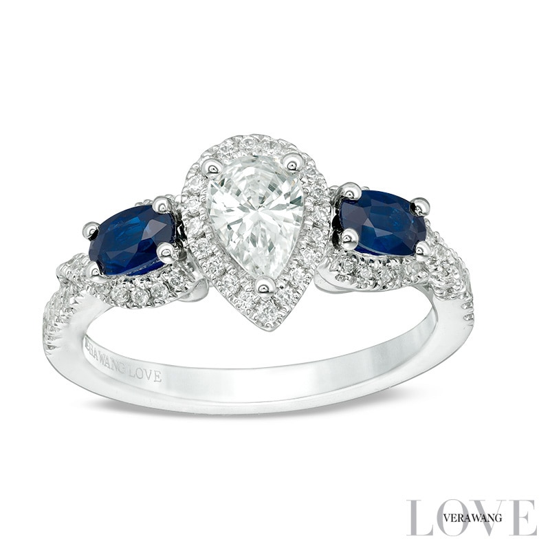 Previously Owned - Vera Wang Love Collection 3/4 CT. T.W. Diamond and  Sapphire Three Stone Ring in 14K White Gold