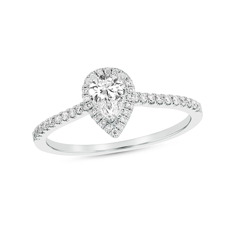 Main Image 1 of Previously Owned - 1/2 CT. T.W. Pear-Shaped Diamond Frame Engagement Ring in 18K White Gold (G/SI2)