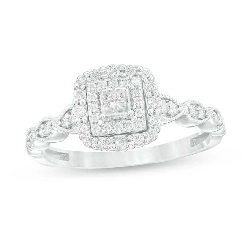 Main Image 1 of Previously Owned - 3/8 CT. T.W. Princess-Cut Diamond Frame Art Deco Vintage-Style Engagement Ring in 10K White Gold