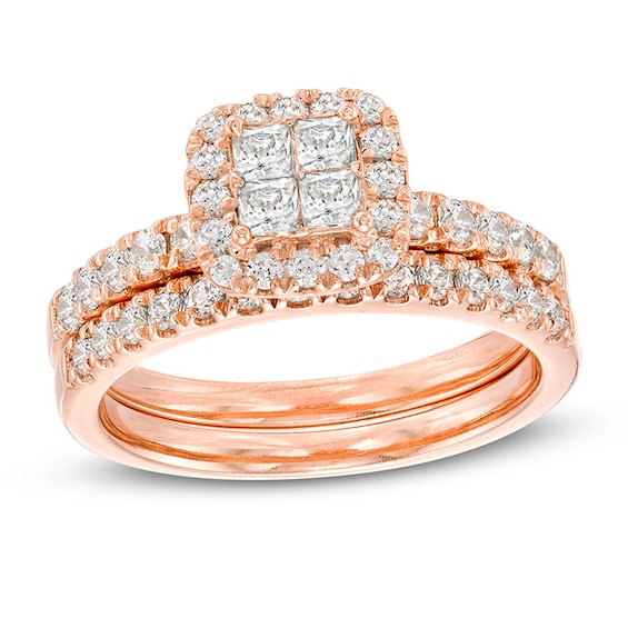 Previously Owned - 1 CT. T.w. Quad Princess-Cut Diamond Frame Bridal Set in 14K Rose Gold
