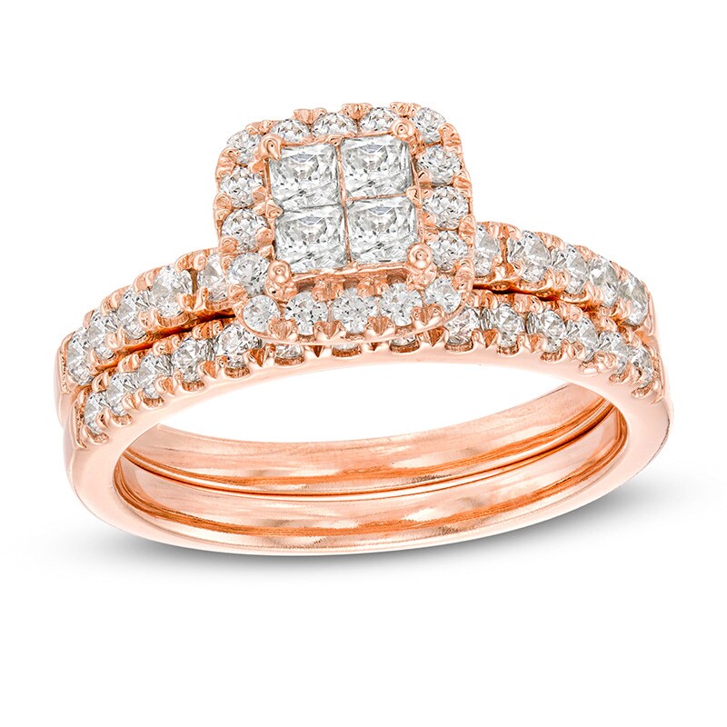 Main Image 1 of Previously Owned - 1 CT. T.W. Quad Princess-Cut Diamond Frame Bridal Set in 14K Rose Gold