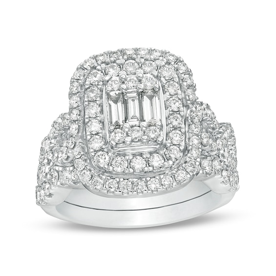 Previously Owned - 1-1/2 CT. T.w. Composite Diamond Elongated Cushion Frame Twist Shank Bridal Set in 14K White Gold