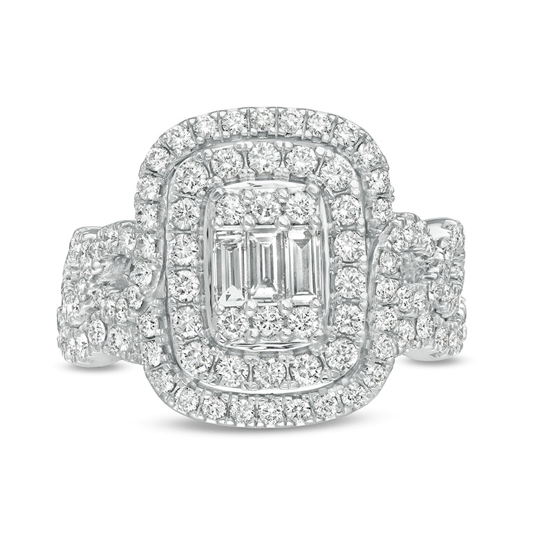 Main Image 4 of Previously Owned - 1-1/2 CT. T.W. Composite Diamond Elongated Cushion Frame Twist Shank Bridal Set in 14K White Gold