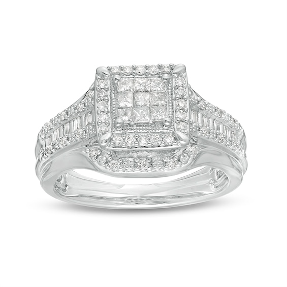 Previously Owned - 1/2 CT. T.w. Princess-Cut Composite Diamond Frame Multi-Row Engagement Ring in 10K White Gold