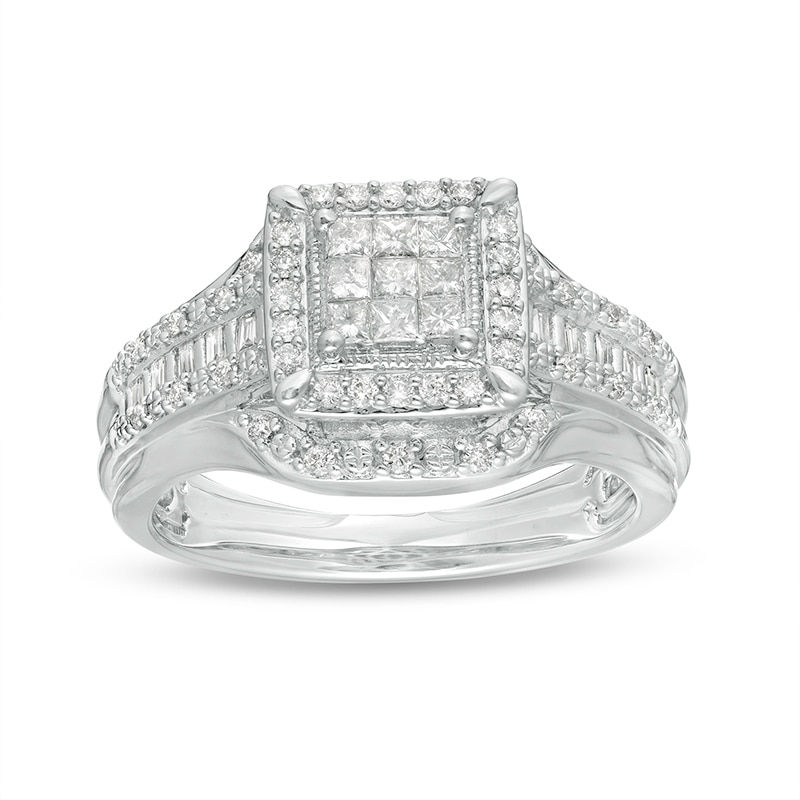 Main Image 1 of Previously Owned - 1/2 CT. T.W. Princess-Cut Composite Diamond Frame Multi-Row Engagement Ring in 10K White Gold