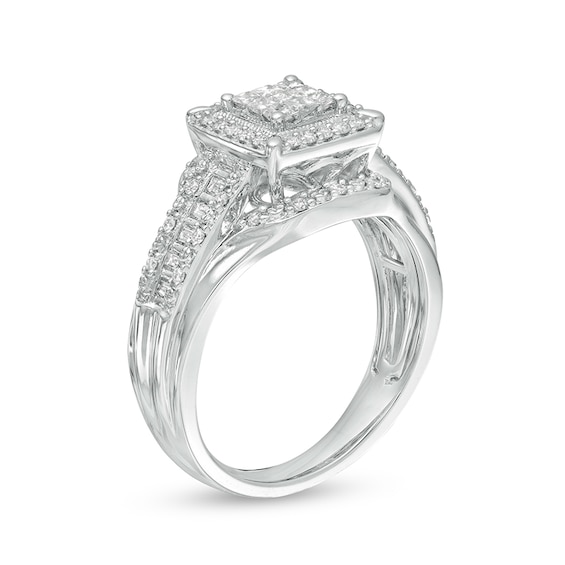 Previously Owned - 1/2 CT. T.w. Princess-Cut Composite Diamond Frame Multi-Row Engagement Ring in 10K White Gold